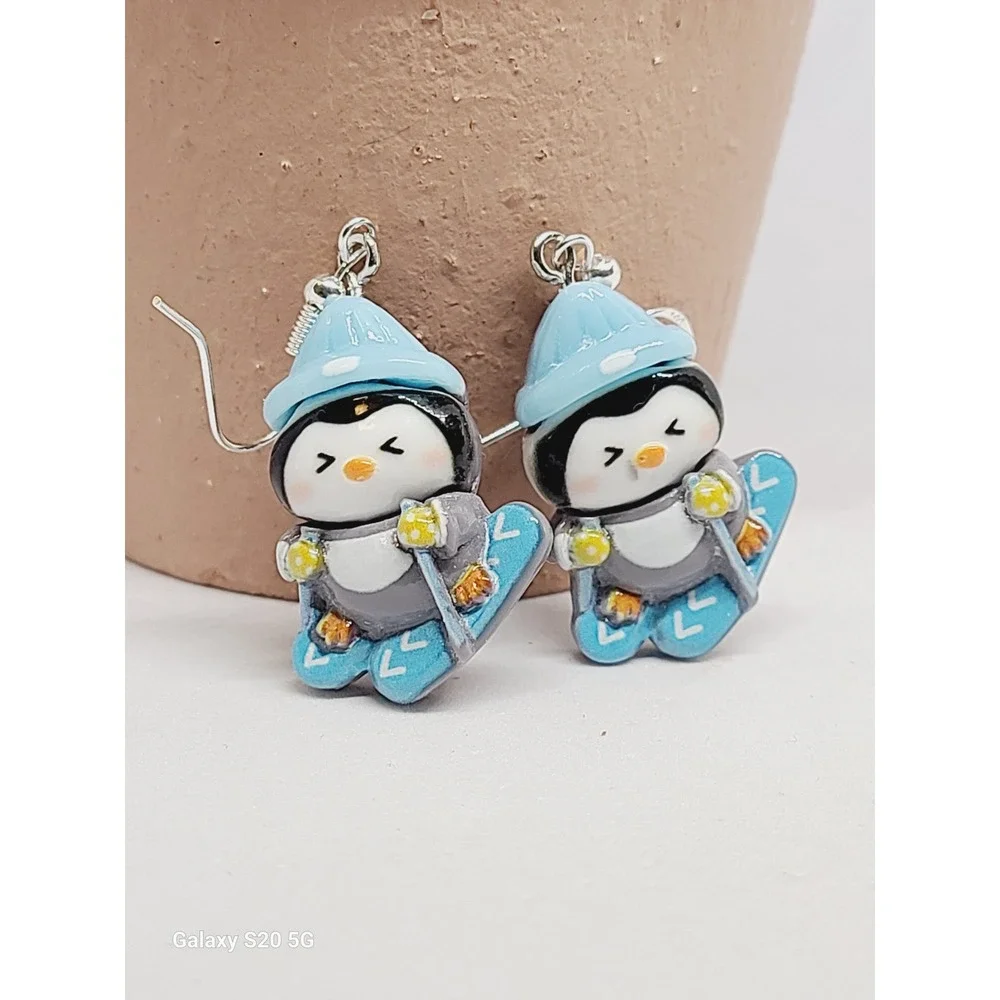Skiing‎ Penguin Dangle Earrings Blue Winter Sport Resin Drop Jewelry Women's